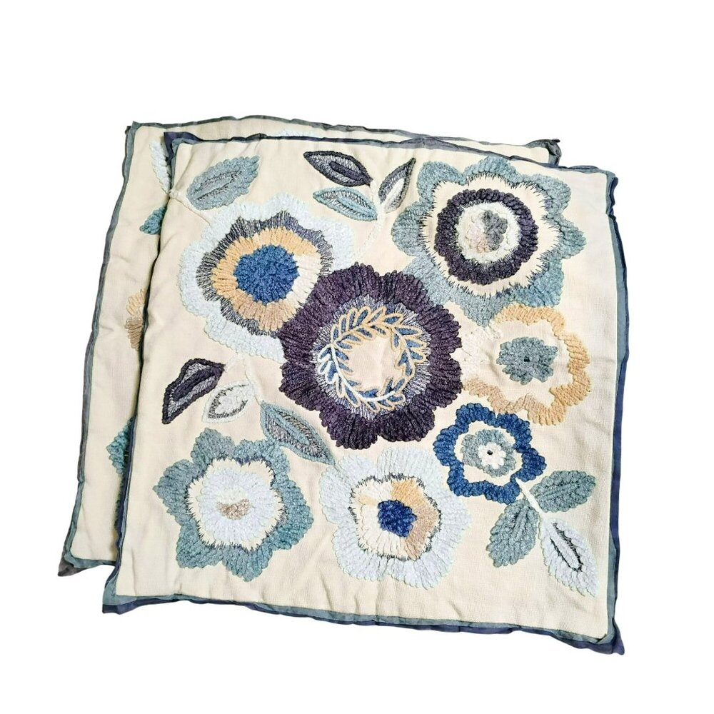 Pier 1 Floral Embroidered Throw Pillow Shams 18" Set Of 2 Blue Beige Cotton